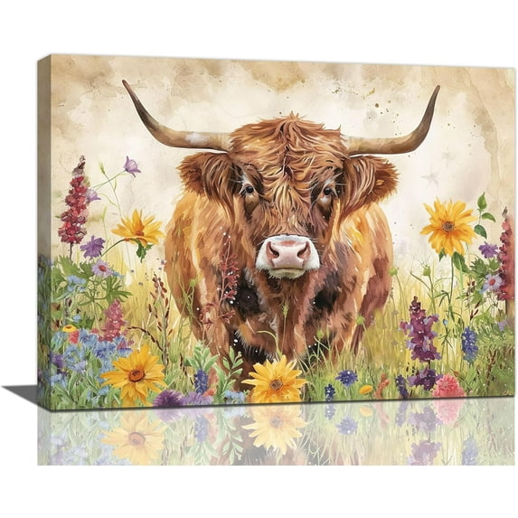 HFDF Highland Cow Canvas Wall Art Farmhouse Country Cow Pictures Wall Decor Western Cattle Painting Print Watercolor Animal Wildflower Artwork for Kitchen Living Room Nursery Home 20x16inch Framed