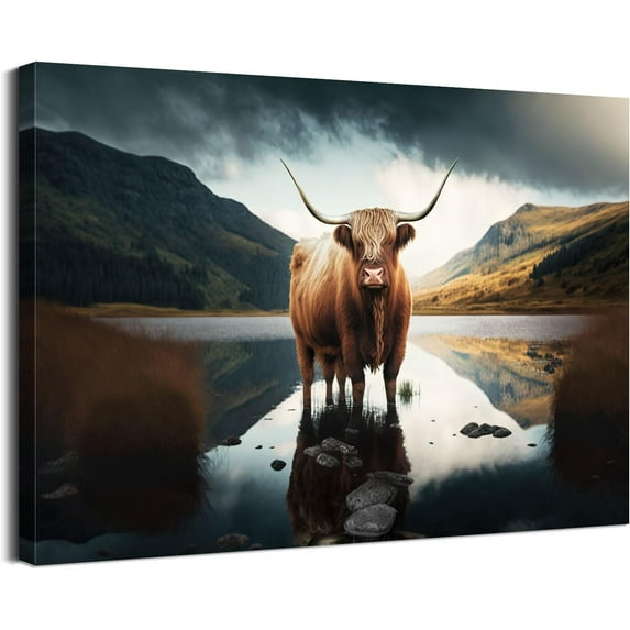 HFDF Highland Cow Pictures Wall Decor Cow Painting Farmhouse Art Cow Artwork Animal Canvas Wall Art Farmhouse Cow Decor Cow Print Decor for Bedroom Living Room Farmhouse Decor 20x16inch Framed