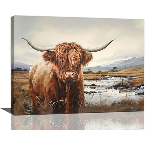 HFDF Highland Cow Wall Art Country Farm Cow Highland Cow Bathroom Pictures Print Large Canvas Art Country Cow Decorations Artwork for Living Room Kitchen Bedroom 20x16inch Framed