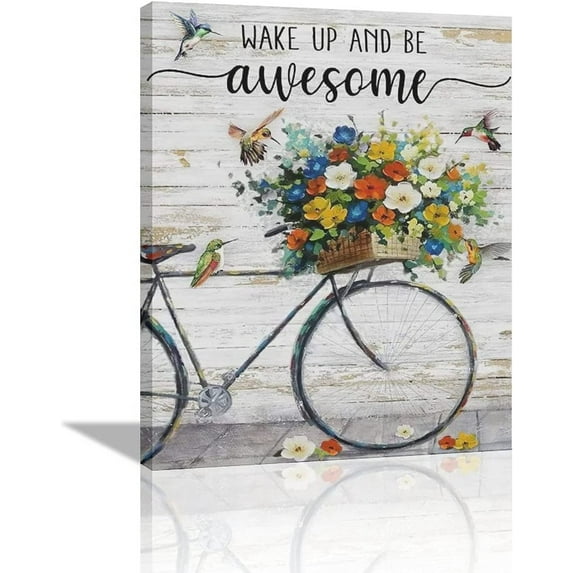 HFDF , Hummingbird Wall Art Colorful Flowers Bicycle Wall Decor Inspirational Quotes Canvas Print Motivational Poster Farmhouse Floral Painting Artworks Decorations , 11x14inch Framed