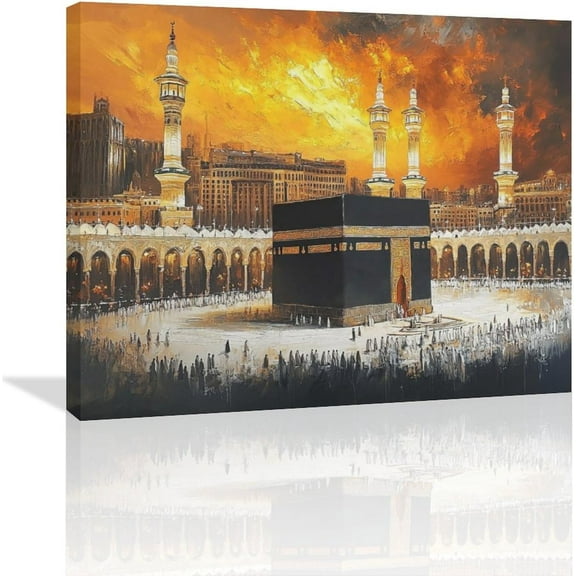 HFDF Islam Kaaba Wall Art Islamic Mosque Pictures Wall Decor Mecca Muslim Canvas Prints Painting Artwork Decoration for Prayer Bathroom Bedroom Living Room Office 14x11inch Framed