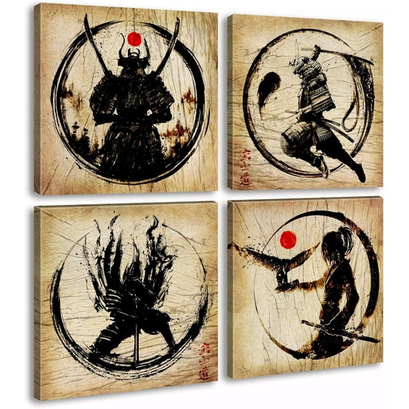 HFDF Japanese Decor Wall Art Retro Japanese Armored Samurai Painting Anime Posters Canvas Pictures Office Vintage Black Asian Modern Living Room Artwork Ready to HangX4 Panels 10x8inch Unframed