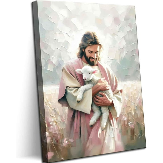 HFDF Jesus Embraces Lamb Canvas Wall Art The Lost Lamb Wall Decor Bible Stories Jesus Lamb Painting Picture God Leaving 99 Sheep Poster Prints for Prayer Room Church Home Decoration 8x10inch Framed