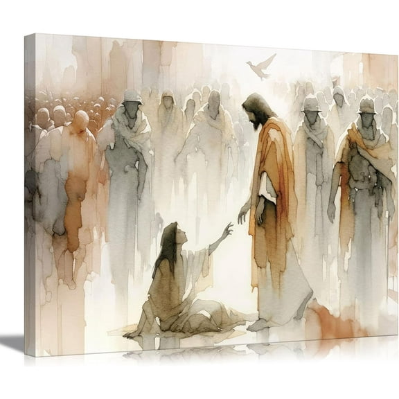 HFDF Jesus Heals The Woman Canvas Wall Art Woman Touches The Hem Of Jesus' Skirt Wall Decor Picture Watercolor Bible Stories Poster Prt Patg for Christian Livg Room Prepare To Hang 24x20inch Framed