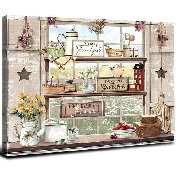 HFDF Kitchen Canvas Wall Art Rustic Windowsill Kitchenware Picture Floral Fruits Farm Canvas Prints Vintage Still Life Wall Decor Restaurant Table Living Room Modern Decorations 16x12inch Framed