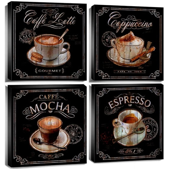 HFDF Kitchen Wall Art Coffee Wall Art Vintage Brown Black Cafe Pictures Dining Room Bar Wall Decor Fireplace Bean Modern Artwork Canvas Shop Painting Family Restaurant Decoration 4P 18x12inch Framed