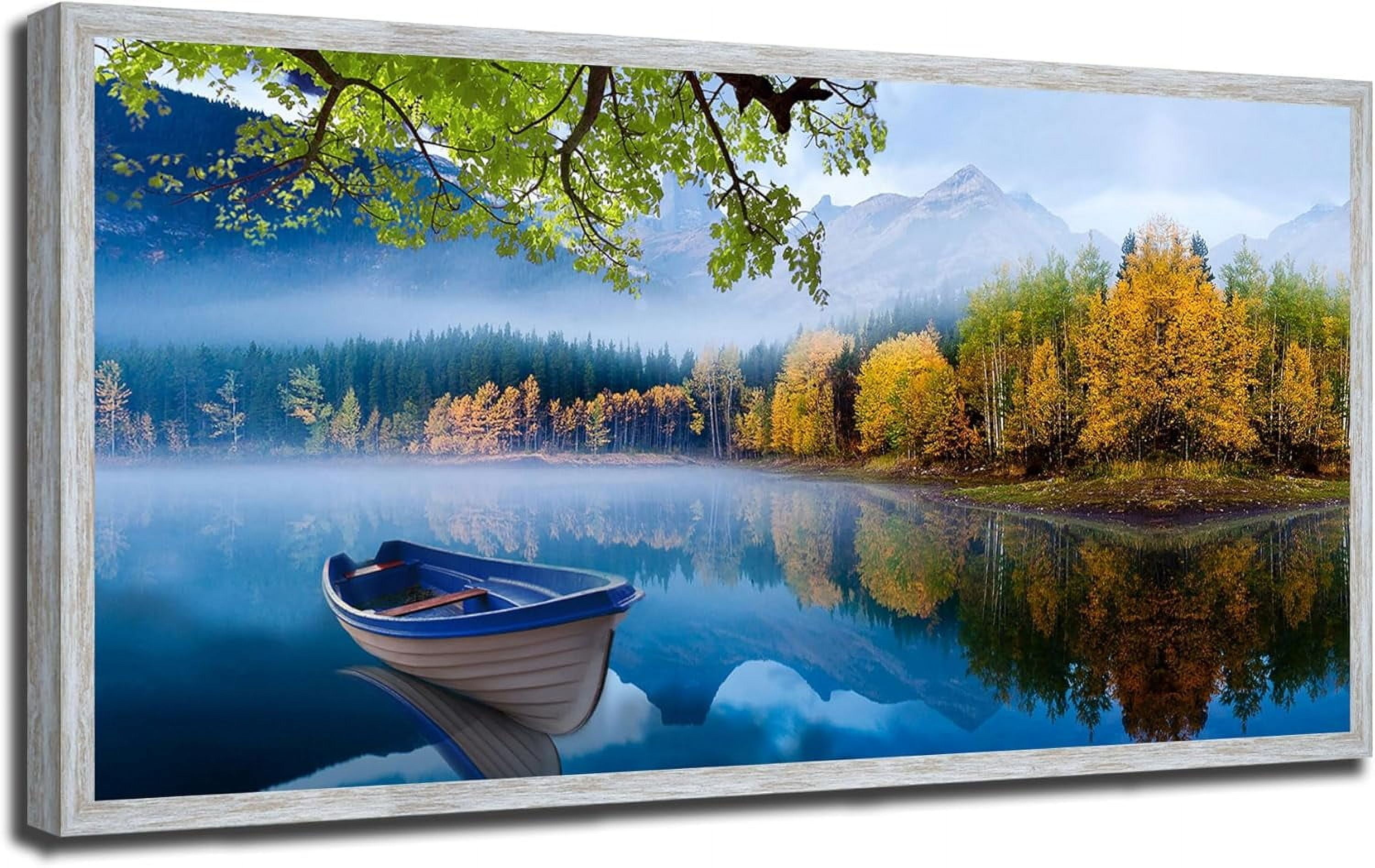HFDF Lake Canvas Wall Art Blue Mountain Sky Nature Landscape Boat ...