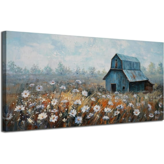 HFDF Landscape Canvas Wall Art Farmhouse Cows Barn Painting Rustic Picture White Flowers Nature Artwork Textured Large for Home Office Living Room Bedroom Bathroom Wall Decor, 14x11inch Framed