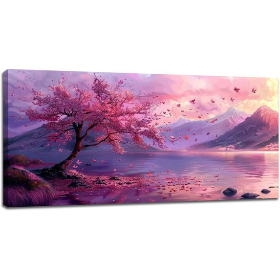 HFDF Large Canvas Wall Art Decor for Living Room Bedroom Pink Trees Pictures Lake Mountain Nature Landscape Painting Prints Home Office Artwork Decoration 24x20inch Framed
