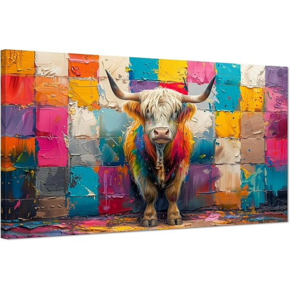 HFDF Large Cow Pictures Wall Art Abstract Animals Painting Canvas Prints Modern Oil Painting Style Colorful Highland Cattle Posters for Living Room Home Office Decor Ready to Hang- 24x16inch Framed