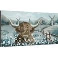 thumbnail image 1 of HFDF Large Highland Cow Canvas Wall Art for Living Room Rustic Farmhouse Landscape Painting Animal Canvas Print Cattle the White Daisy Flower Bush Countryside Artwork for Home 18x12inch Framed, 1 of 6
