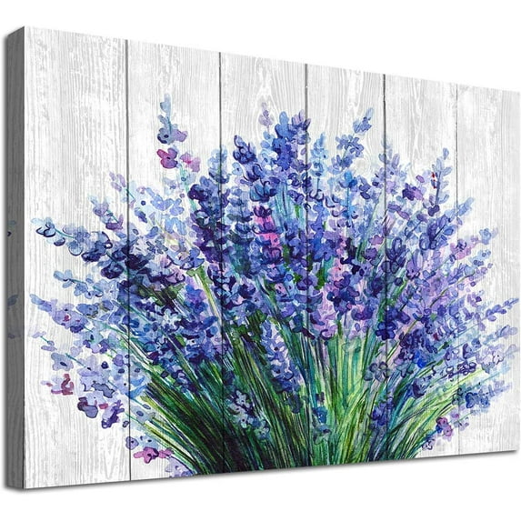 HFDF Lavender Wall Art Bathroom Decor Blue Flowers Canvas Picture Watercolor Painting Canvas Prints Bedroom Wall Decor Modern Blossom Canvas Art for Office Kitchen Home DecorationIN 18x12inch Framed