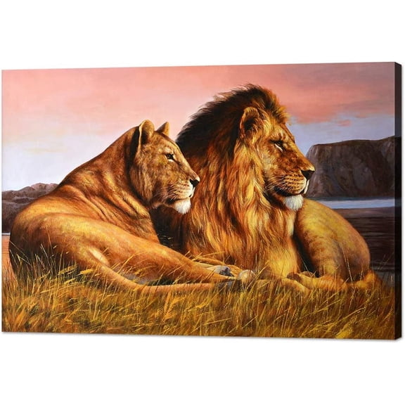 HFDF Lion and Lioness Picture Wall Art Modern Wild Animal Canvas Painting Wall Decor Artwork and Wooden Ready to Hang for Living Room Bedroom Decoration - 10x8inch Framed