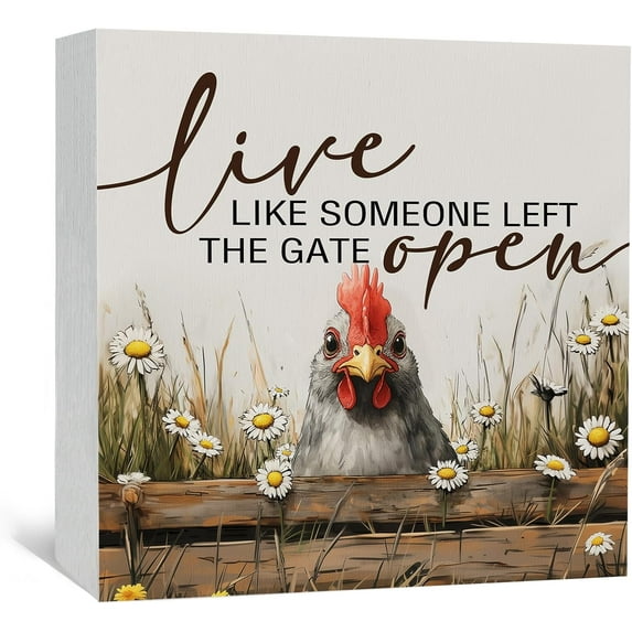 HFDF Live like Someone Left the Gate Open Chicken Sign,Cottagecore Chicken Wooden Signs,Rustic Farmhouse Wood Sign Home Decor,Farm Animal Rooster Decor for Kitchen Office Badroom 10x8inch Framed