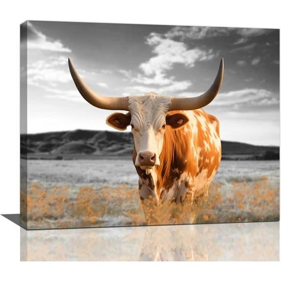 HFDF Longhorn Wall Art Country Western Cow Pictures Wall Decor Farmhouse Bull Animal Landscape Canvas Painting Artwork Home Decorations for Bathroom Bedroom Living Room Office 20x16inch Framed