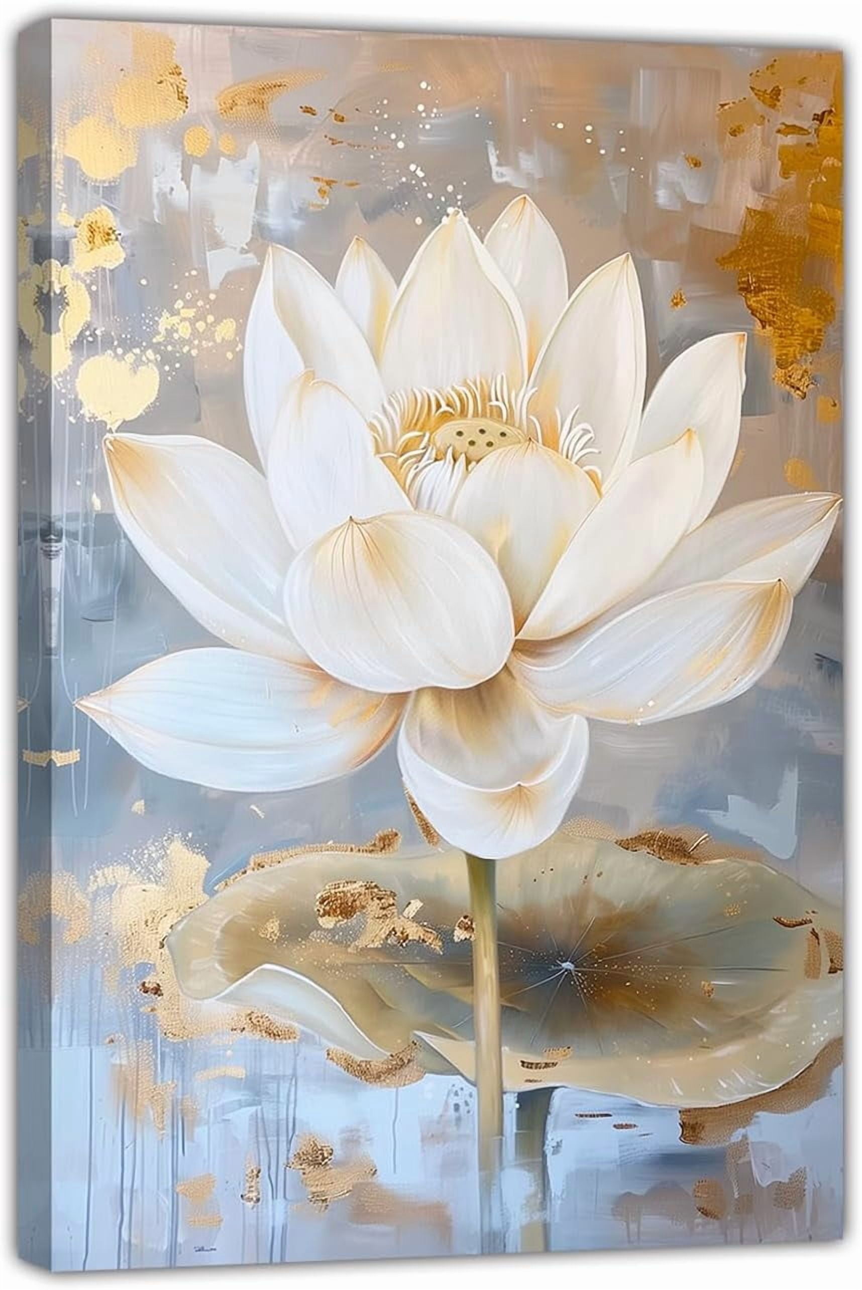 HFDF Lotus Canvas Wall Art White Golden Flower Picture Prints Water ...