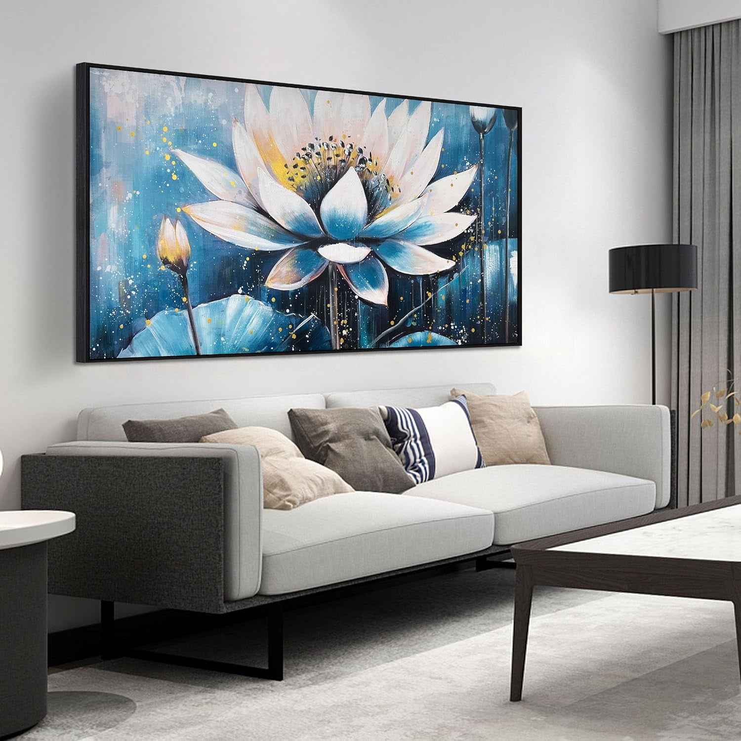 HFDF Lotus Flower Wall Art for Livg Room, White Floral Canvas Wall
