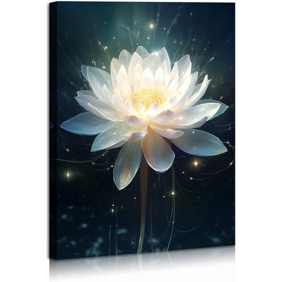 HFDF Lotus Wall Art Canvas Ethereal White Lotus Pictures Spiritual Zen Theme Modern Decor for Living Room Bedroom Home Decorations Ready To Hanges 8x10inch Framed
