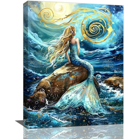 HFDF Mermaid Decor Wall Art Ocean Nautical Coastal Pictures Wall Decor Golden Vortex Sun Canvas Print Painting Artwork for Bathroom Living Room Bedroom 11x14inch Framed