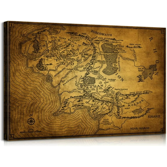 HFDF Middle Earth Map Wall Art Canvas Prt - Fantasy Map of Middle Earth - 16''Hx24''W with ner Wooden - Lightweight & Easy to Hang - Perfect for Bedroom, Game Room Decor 20x16inch Framed