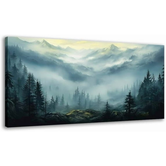 HFDF Misty Forest Canvas Wall Art for Bedroom Foggy Mountain Picture Print Green Nature Pictures Landscape Painting Artwork for Living Room Bathroom Home Office Decorations 24x16inch Framed