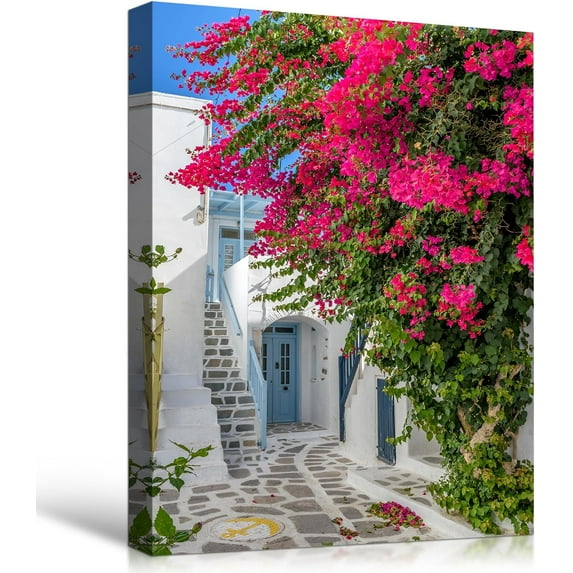 HFDF Modern Canvas Wall Art Blue-white House with Blooming Bougainvillea Picture Wall Decor Greece Beautiful Scenery Art Prints Poster Artwork for Living Room Bahroom Home Office, 20x24inch Framed