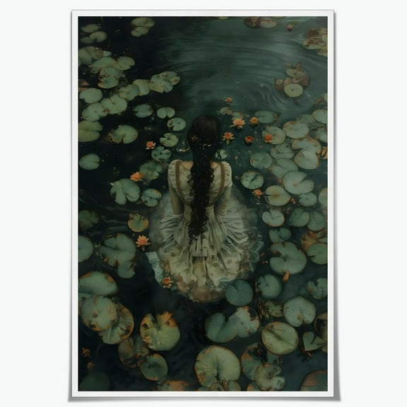 HFDF Moody Victorian Wall Art - Woman the Lake Dark Academia Prt Canvas Gothic Halloween Aesthetic Poster for Wall Cottagecore 16x24inch Framed