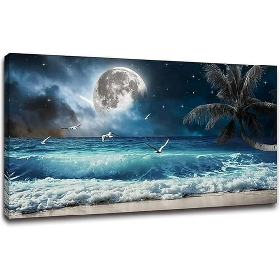 HFDF Moon Ocean Decor Beach Wall Art Seascape Painting Sea Canvas Poster Prints Landscape Plam Pictures Artwork for Living Room Decor Wall Decorations large Wall Art - 14x11inch Framed
