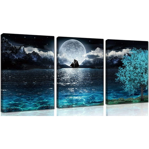 HFDF Moon Wall-Art For Bedroom Teal Wall Art For Living Room Ocean Tree Home Wall Decor 3 Pieces Canvas Art 12x16inch Framed