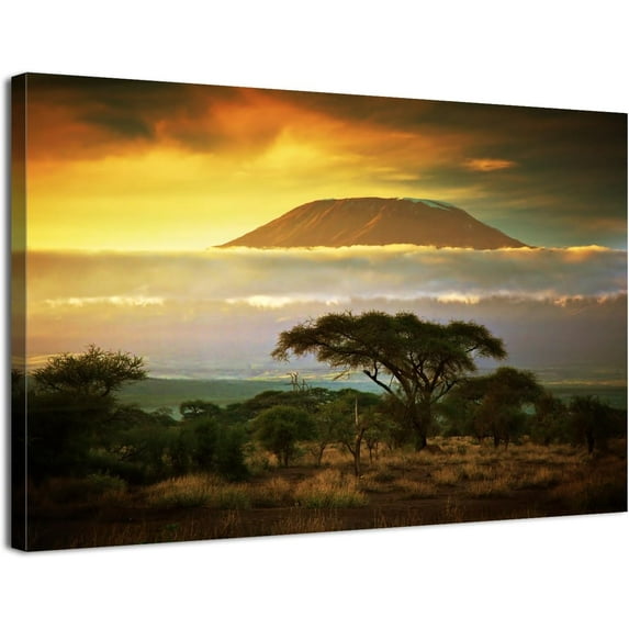 HFDF Mount Kilimanjaro Wall Art Vintage Sunset Pictures Wall Decor African Natural Landscape Picture Green Forest Canvas Prints Painting Poster Modern for Kitchen Living Room 10x8inch Framed