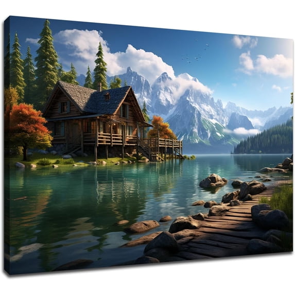 HFDF Mounta Canvas Wall Art Green Landscape Poster Wall Decor A Wooden House The Lake Prt Picture Patg Artwork for Kitchen Bedroom Home Decoration Ready to Hang 20x16inch Framed