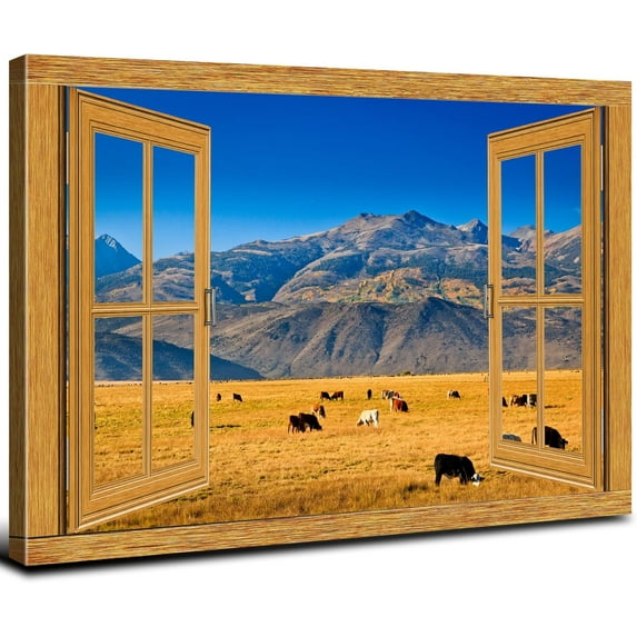 HFDF Mountains Photography Canvas Wall Art for Living Room Fake Window American Animal Cattle Posters Prints Modern Western Wilderness Scenic Pictures Artwork Kitchen Decorations 24x20inch Framed