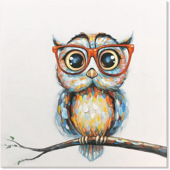 HFDF Mrs Owl Wall Art Funny Animal with Glasses Painting Colorful Animal Canvas Wall Art for Kids Children Bedroom Nursery Room Home Decoration Ready to Hang 16x12inch Framed