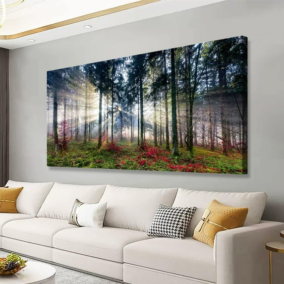 HFDF Nature Landscape Sunrise Tree Canvas Wall Art Wall Decoration for Living Room Forest Picture Artwork Painting Prints of Trees for Bedroom and Home Décor 18x12inch Framed