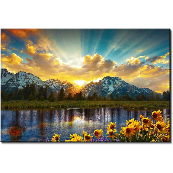 HFDF Nature Mountain Wall Art Sunset Wall Decor for Kitchen Grand Teton Sunflower Landscape Picture Canvas Prints Sunrise Forest Lake Scenery Painting National Park Poster Decoration 20x16inch Framed