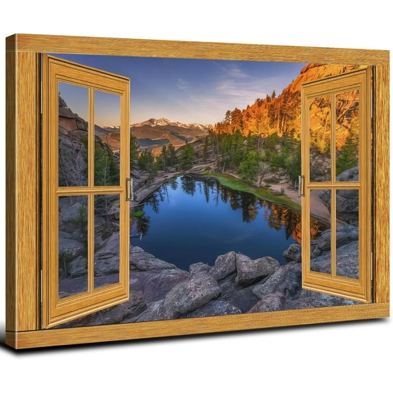 HFDF Nature Spring Landscape Wall Art Fake Window Style National Park Panoramic Canvas Prints Posters for Living Room Mountains Rocks Pictures Painting Artwork Bathroom Decoration 24x16inch Framed