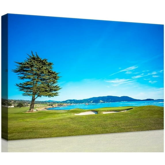 HFDF Pebble Beach Golf Course 18th Hole Green Wall Art for Livg Room Bedroom Bathroom Home Decorations Golf Course Picture Poster Canvas Prts Modern Artwork Ready to Hang 24x20inch Framed