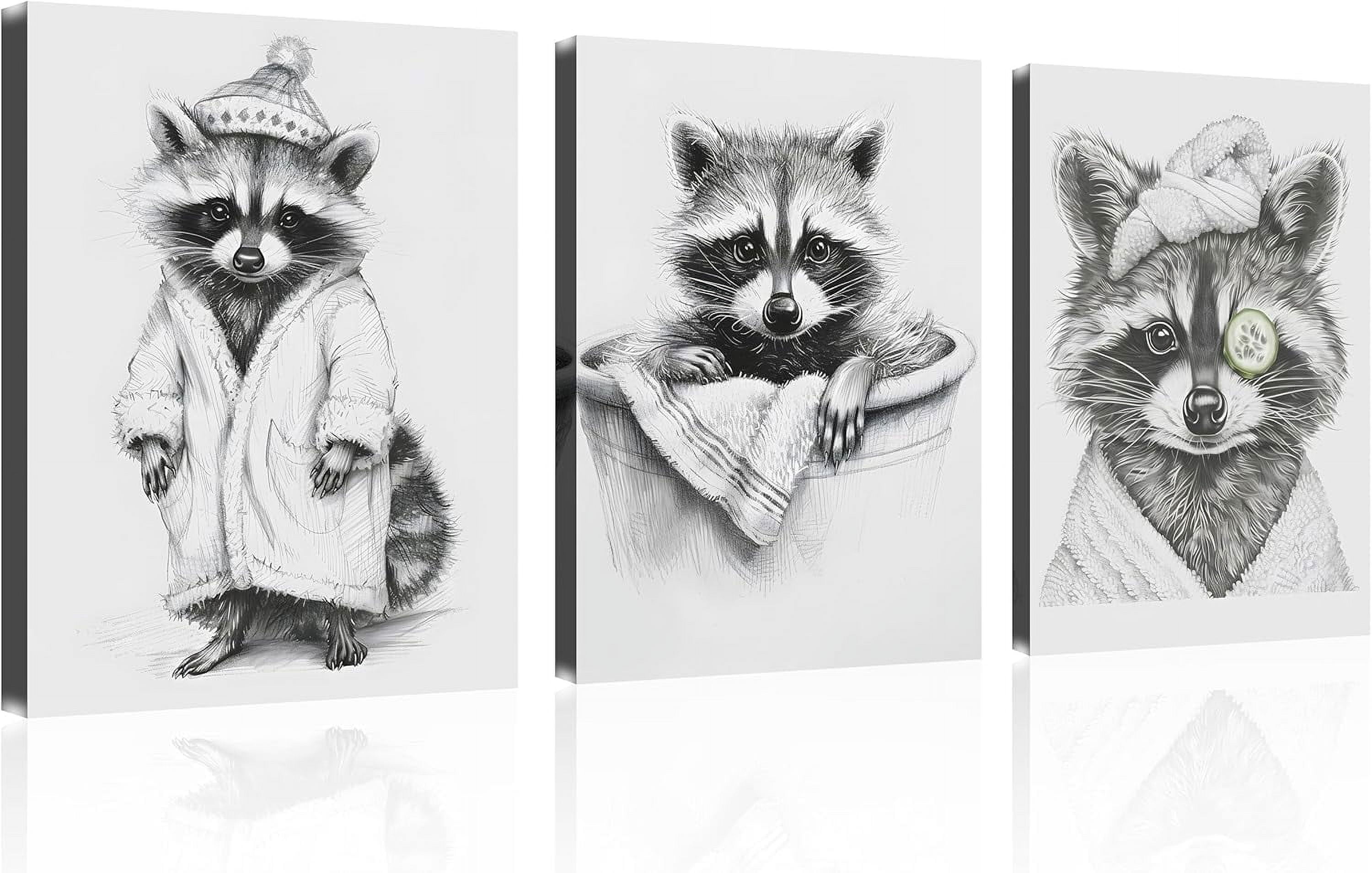 HFDF Raccoon Wall Art Funny Animal Canvas Black And White Bathroom ...