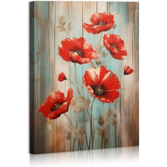 HFDF Red Flower Wall Art Canvas Rustic Red Flower Pictures Plant Farmhouse Poster Prints Red Vintage Wooden Painting for Living Room Bedroom Home Decorations Ready To Hanges 8x10inch Framed