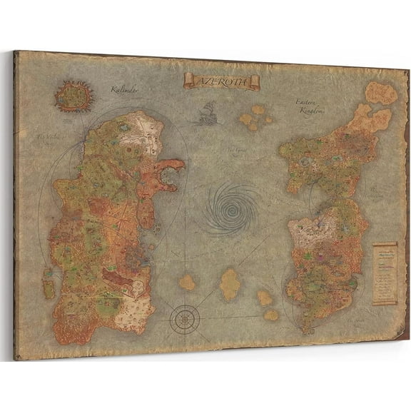 HFDF Retro World Of Warcraft Map Canvas Wall Art Poster Prints Azeroth Game Picture Artwork Wrath Of The Lich King Wall Decor Home Living Room Boys Room Decoration Warcraft Map - 18x12inch Framed