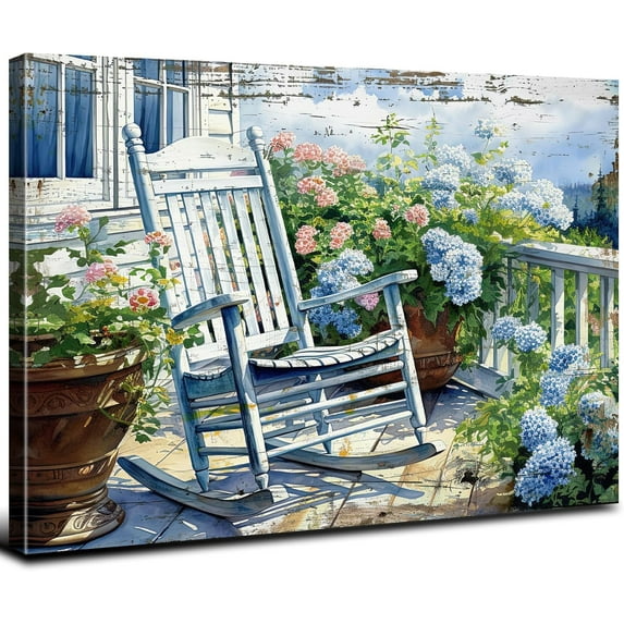 HFDF Rustic Balcony Canvas Wall Art Living room Blue Peony Flowers Picture for Kitchen Flower Painting Farmhouse Prints Wall Decor Vintage Poster Chair Scenic Artwork Home Decoration 24x16inch Framed