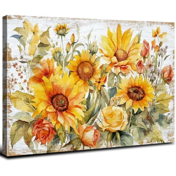 HFDF Rustic Sunflower Wall Art Kitchen Decor Farmhouse Flower Pictures for Living Room Vintage Yellow Floral Poster Bathroom Watercolor Botanical Plant Canvas Painting Decoration 16x12inch Framed