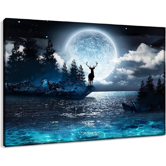 HFDF Rustic Wall Art for Decor Nordic Theme Moon Deer Ocean Tree Landscape Paintingfor Teen Room Decor Gothic Style Modern Magic Artwork Navy Blue Sea Cool Posters Wood 18x12inch Framed