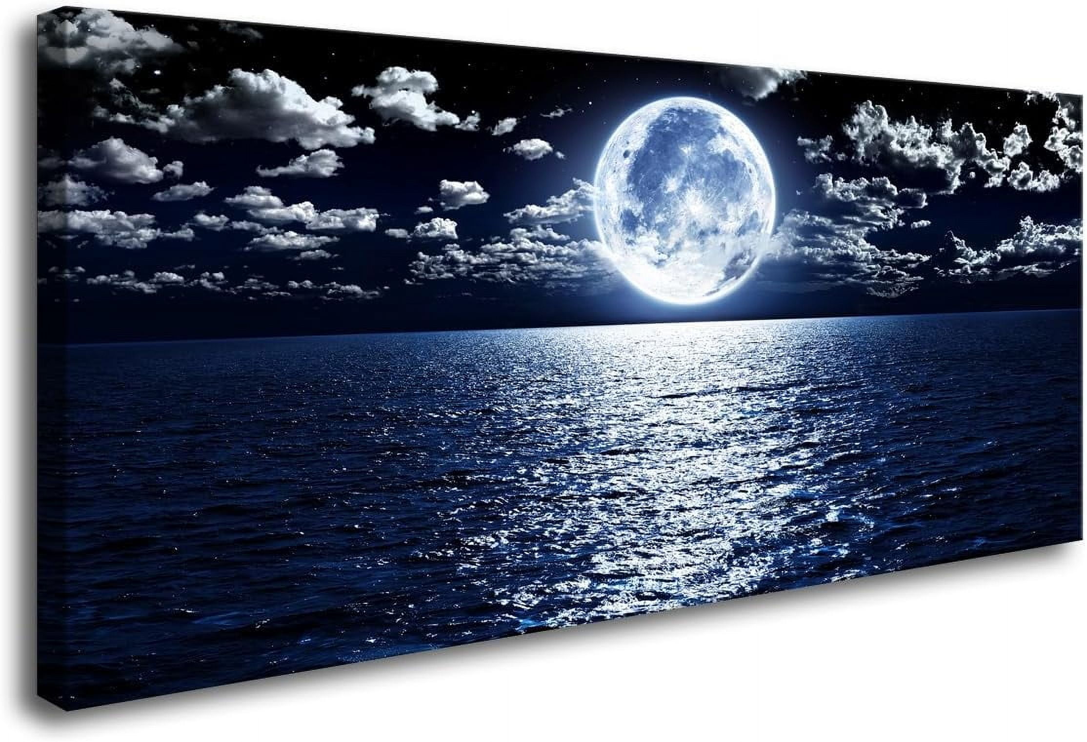 HFDF S06962 Wall Art Canvas Prts Moon Sea Ocean Landscape 1 Panels Full ...