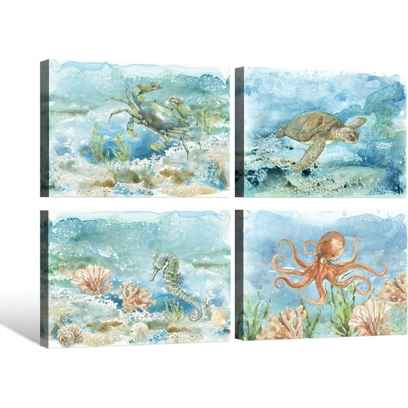 HFDF Sea Turtle Bathroom Wall Art Ocean Wall Decor Watercolor Octopus Crab Seahorse Canvas Prints Coastal Sea Life Animal Painting for Home Wallx4pcs 16x12inch Framed