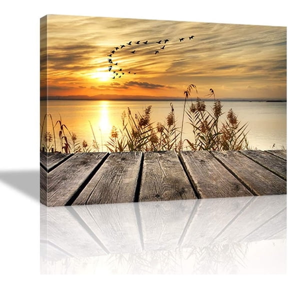HFDF Seascape Wall Art Canvas Prints Dawn on The Lake Shore Landscapes Pictures Asuka Artwork Ocean Paintings Stretched Decor for Living Room Ready to Hang 24x20inch Framed