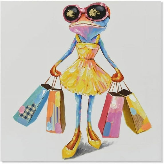 HFDF Shopping Frog Canvas Wall Art Colorful Cute Animal Abstract Oil Painting Modern Wall Picture Artwork for Living Room Home Bedroom Decor 10x8inch Framed