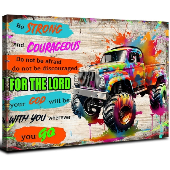 HFDF Be Strong and Courageous Wall Art Monster Truck Pictures Wall Decor Watercolor Graffiti Vintage Car Canvas Poster for Kids Room Decor Teens Boys Playroom Artworkin Large 24x16inch Framed