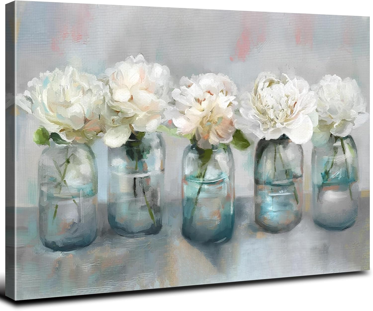 HFDF Teal and Gray Floral Wall Art Abstract Flower Bottles Canvas ...