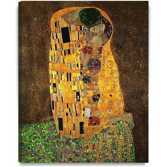 HFDF - The Kiss by Gustav Klimt Art Reproduction. Giclee Prts Acid Free Cotton Canvas Wall Art for Home Decor 16x24inch Framed